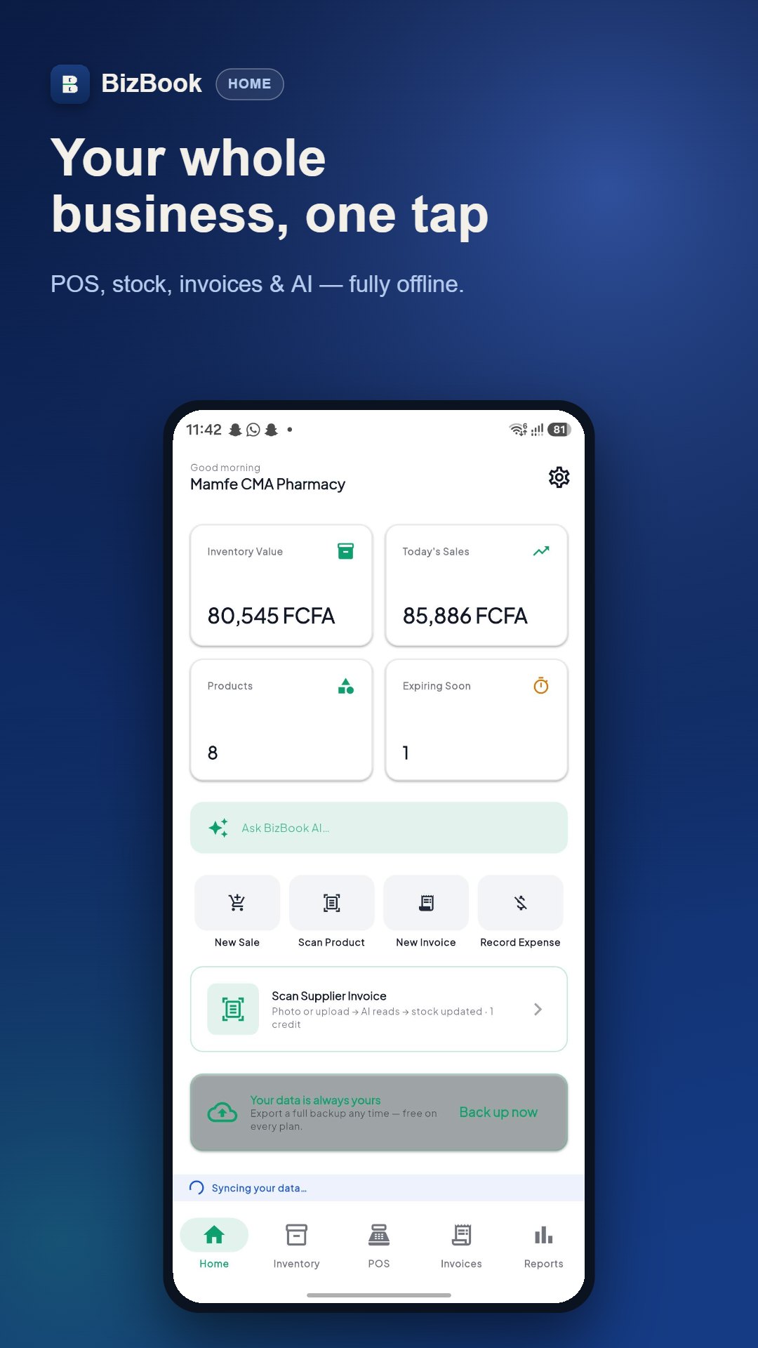 BizBook home screen — inventory value, today’s sales, quick actions and AI