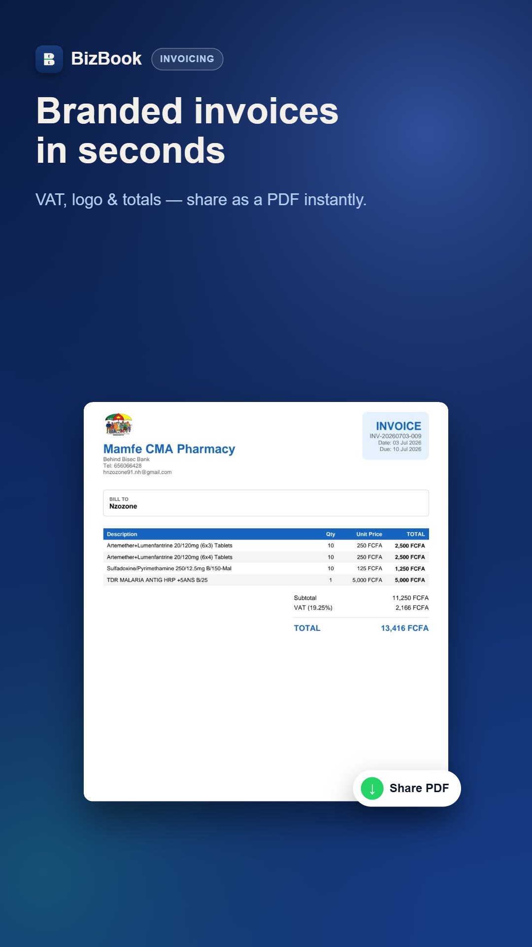 Branded PDF invoice ready to share