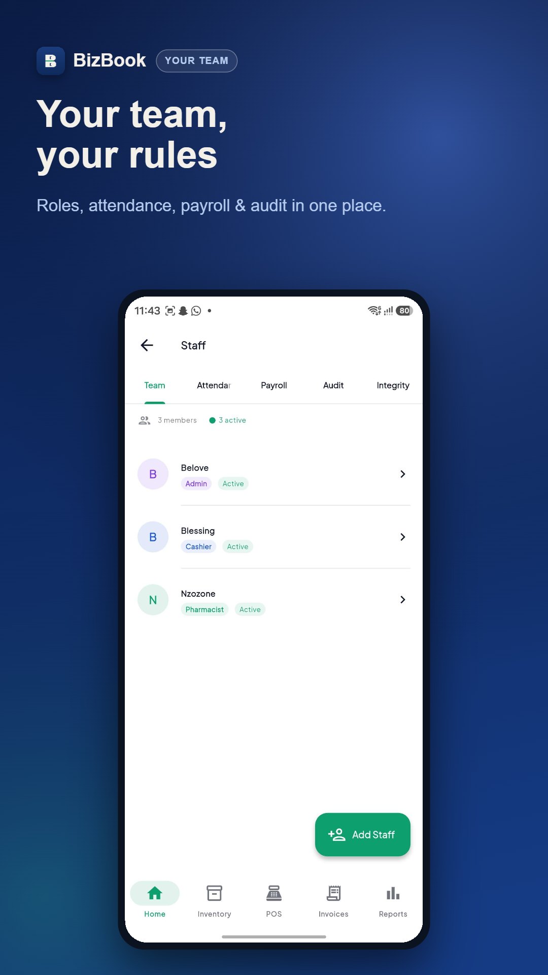 Staff management — roles, attendance, payroll and audit in one place