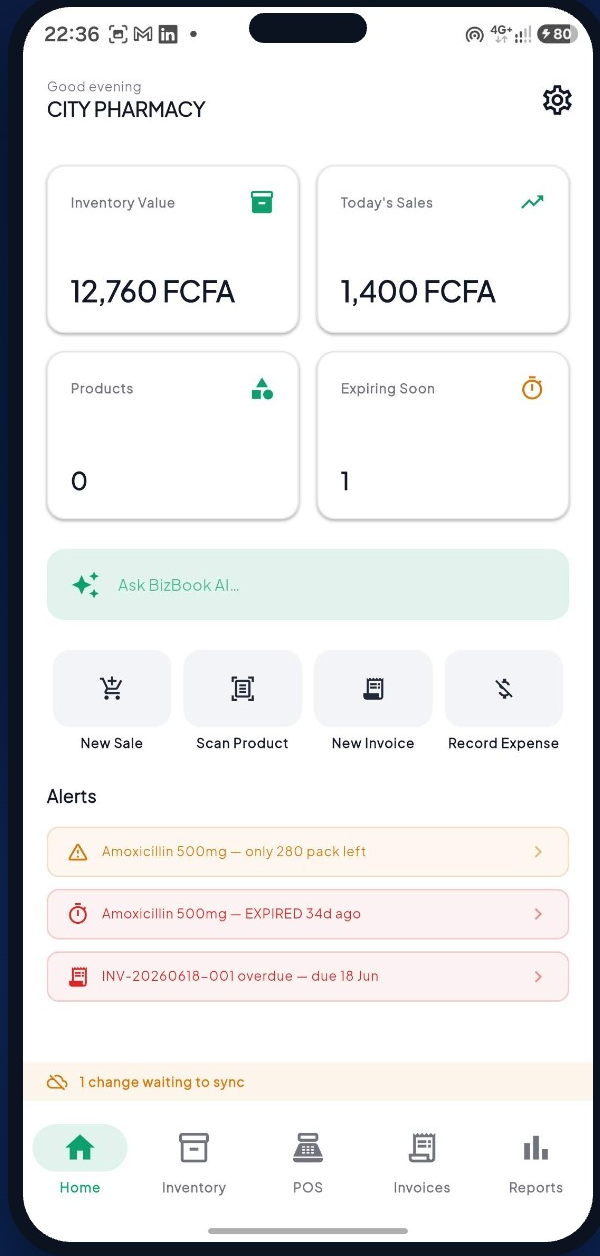 BizBook dashboard — sales, inventory value, alerts and AI in one screen