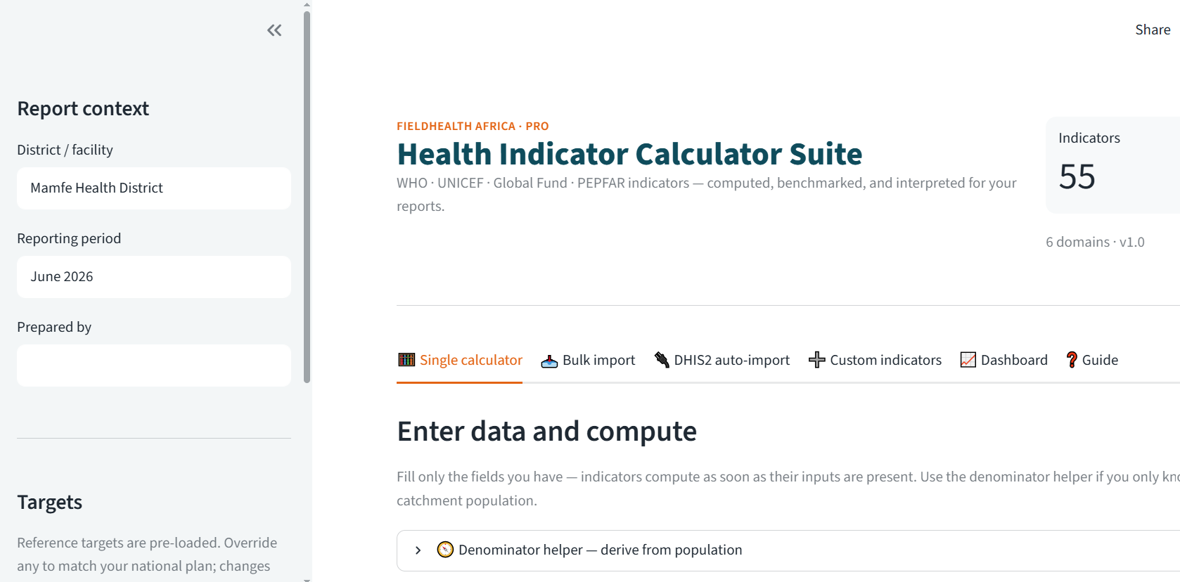 Health Indicator Calculator Suite — report context, 55 indicators across six domains, and DHIS2 auto-import