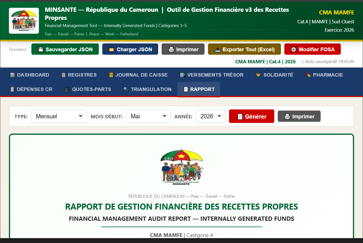 Interface réelle de MINSANTE v3 affichant le rapport de gestion financière